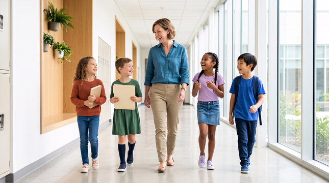 Enseignante marchant dans un couloir avec un groupe d&rsquo;enfants