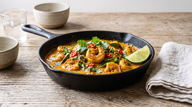 Po&ecirc;l&eacute;e de crevettes au curry avec herbes fra&icirc;ches
