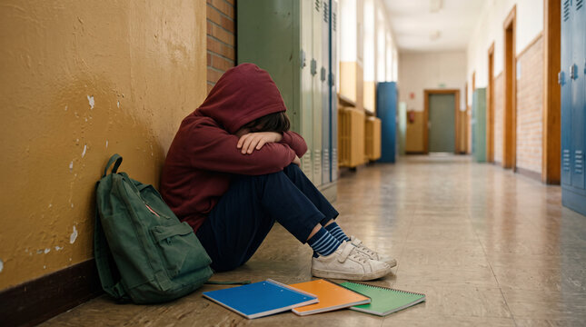 &Eacute;l&egrave;ve victime d&rsquo;isolement assis dans un couloir scolaire