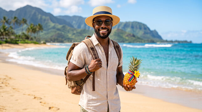 Voyageur souriant tenant un ananas sur une plage tropicale