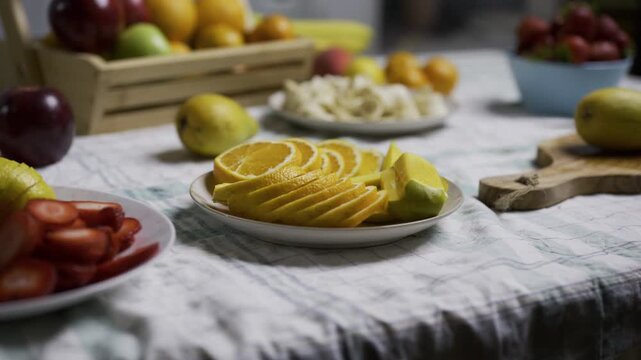 Smooth, medium tracking shot across counter filled with delicious and various fruit
