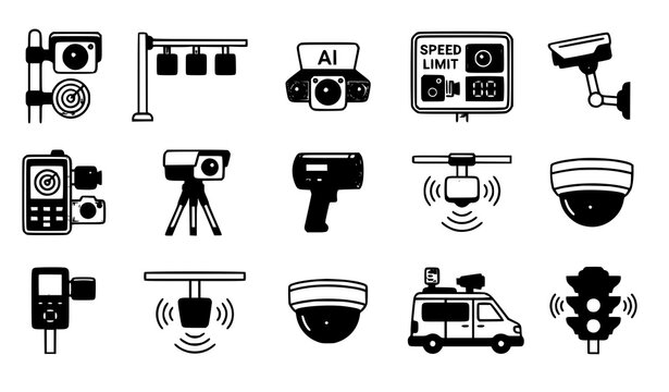 Traffic Speed Camera and Security Surveillance Icon Set with AI Monitoring Systems for Smart Cities, Road Safety, Law Enforcement, and App UI Designs