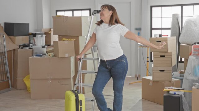 Woman holding suitcase handle and smiling beside stacked cardboard boxes with packing tape in building; hopeful new beginning.