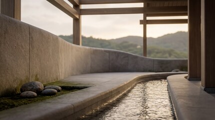 Fototapeta premium mindful interior design, a tranquil space featuring flowing water and natural elements in harmony
