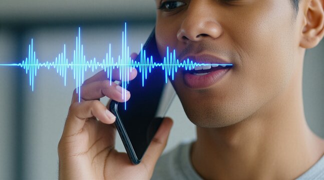 Man speaks into phone with blue sound wave graphic. Digital voice assistant interaction on mobile device. Modern tech allows communication via speech recognition, AI integration.