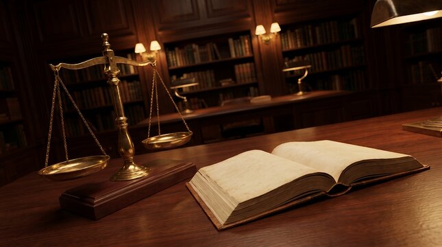 Dutch angle cinematic shot of brass justice scales and open vintage law book on wooden desk