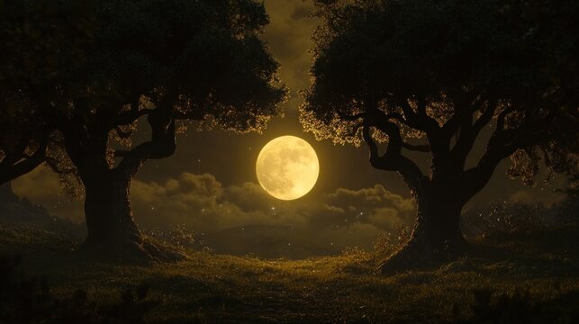 Real time night scenic with clouds passing full moon as it rises between two trees in forest.