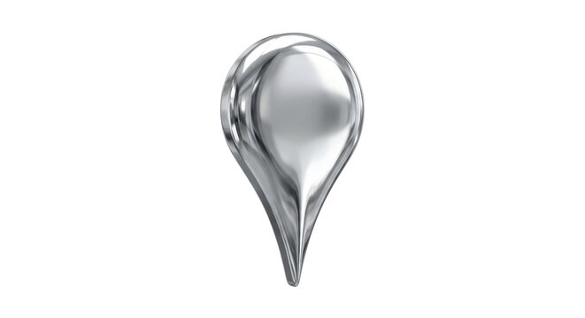 A glossy liquid metal map pin icon floating in a minimalist studio setting, captured with high-end 3d rendering for a sleek modern aesthetic.