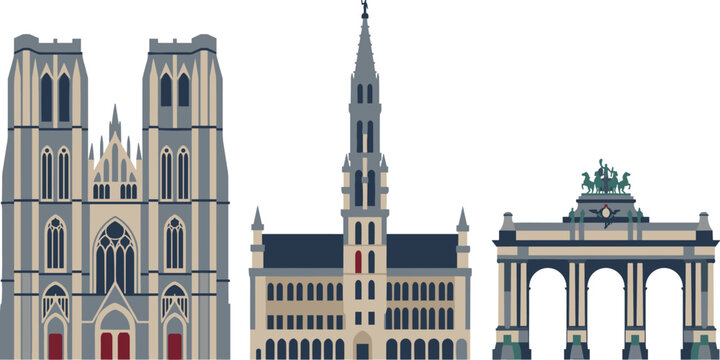 Belgium landmark collection featuring Brussels Town Hall, Grand Place, Cathedral of St. Michael and St. Gudula, and Cinquantenaire Arch flat vector illustration