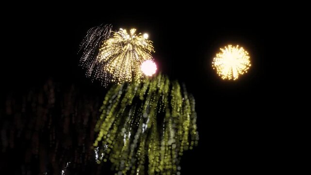 A dynamic display of colorful fireworks exploding into starburst patterns and symmetrical light effects in a darkened sky. 3D Render