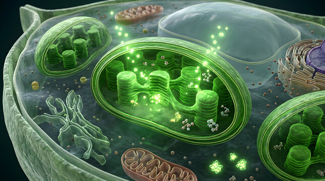 Plant cell internal structure with chloroplasts