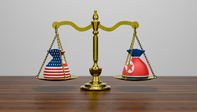 International Relations Scale: A symbolic representation of diplomacy and negotiation, with the scales of justice balancing the national symbols of the United States and North Korea.