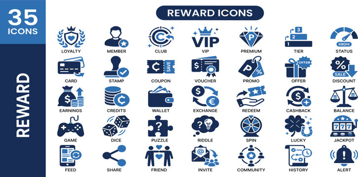 Reward solid icon set for gamification, loyalty programs, and achievement tracking. achievement icons include trophy, medal, winner, star, prize, and bonus vectors. Professional ui elements.