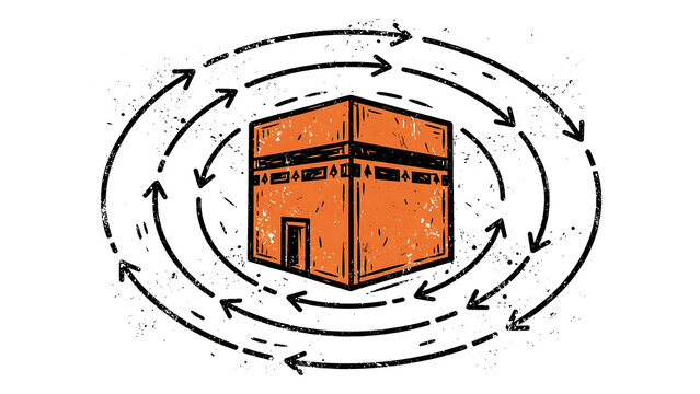 Stylized Islamic illustration of the Kaaba in Mecca with circular arrows representing the Tawaf pilgrimage ritual