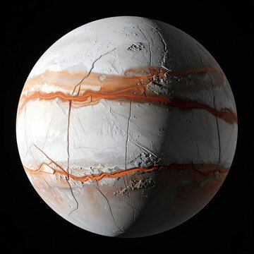 Cracked, icy planet with glowing orange fissures