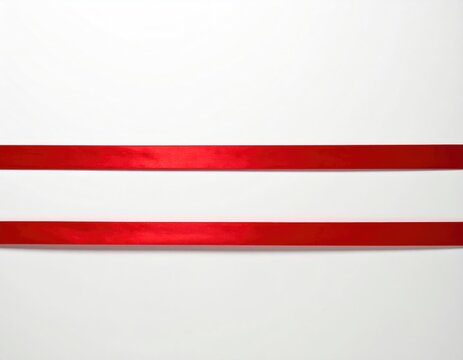 Two red satin ribbons run horizontally on a stark white background