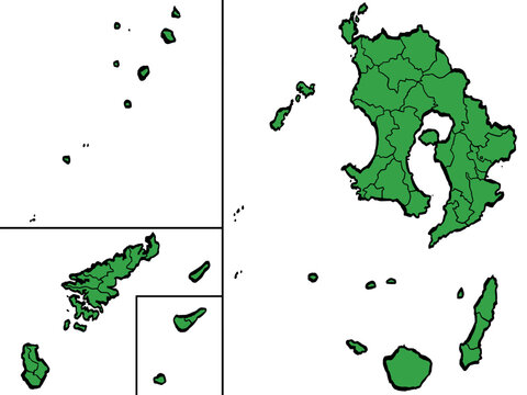 鹿児島県地図 市町村区分 緑色 筆タッチ 和風 西日本 / A brushstroke map of Kagoshima Prefecture / green