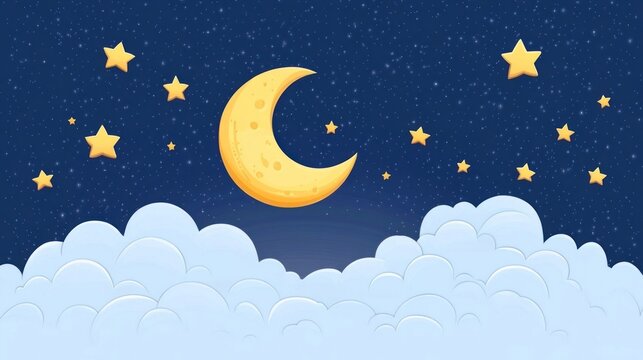 Romantic Moon In Starry Night Over Clouds