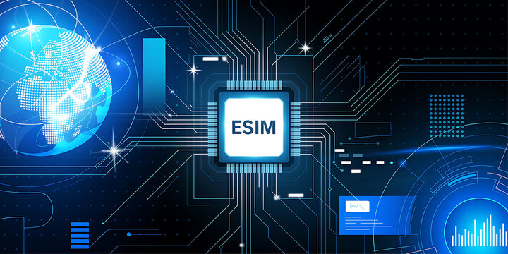 Futuristic eSIM technology concept with global connectivity and digital data streams in deep blue