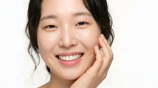 Happy young asian woman smiling and touching her cheek with touching portrait wellness skincare