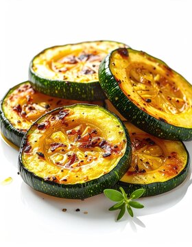 Sliced and grilled squash with herbs, glistening with oil on white