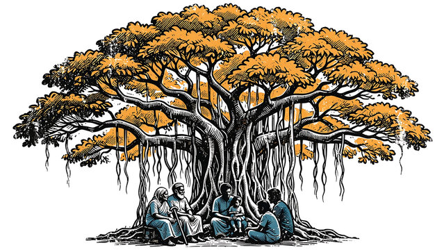 People gathering under a large banyan tree with orange foliage, traditional village community scene vector illustration