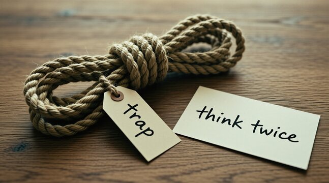 Thick knotted rope labeled trap rests near card reading think twice on wood table. Represents complex problems, difficult choices, careful consideration before acting. Conceptual image suggests