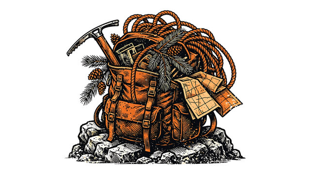Vintage illustration of a hiking backpack with climbing gear, rope, ice axe, and maps on rocky terrain