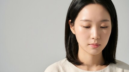 Obraz premium Close up portrait of young asian woman looking down with portrait lifestyle skincare cosmetic