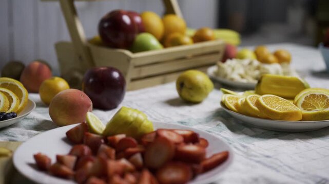 Slow, tracking shot moving across fresh, delicious fruit 
