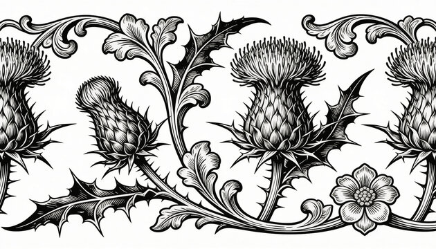 thistle border, vintage floral, botanical frame, engraving, scottish thistle, line art, decorative scroll, flower ornament, plant illustration