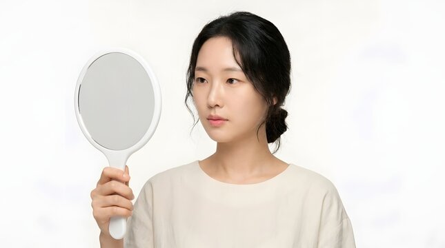 Young asian woman looking into handheld mirror with reflection handheld skincare portrait