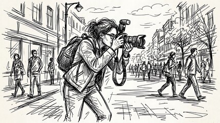 Naklejka premium Professional female photographer capturing candid moments on a busy city street with a DSLR camera and flash