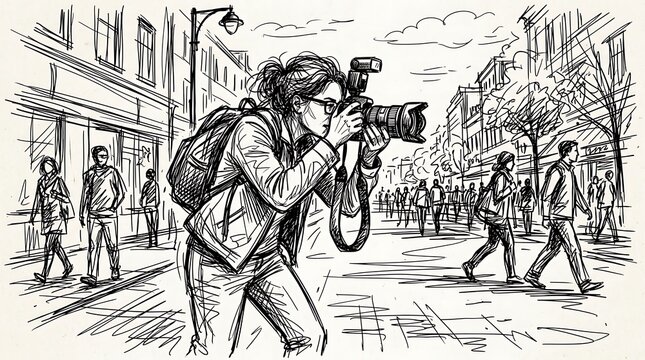 Professional female photographer capturing candid moments on a busy city street with a DSLR camera and flash