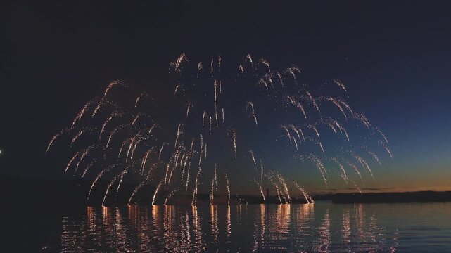 水面から連続して打ち上がるカラフルな扇状花火と鮮やかな海面反射