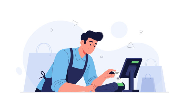 Cashier using POS system and card reader at checkout counter with shopping bags in modern retail store.