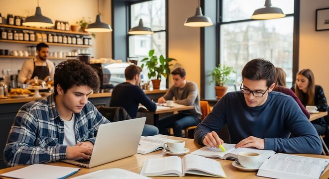 Students studying at coffee shop
