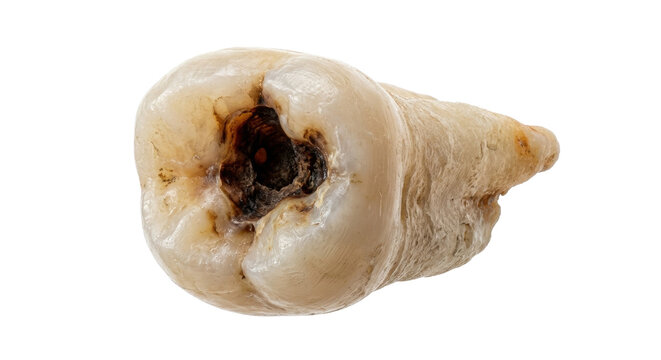 Close-up macro of an extracted human molar with a large dark cavity, showing dental decay and roots on a white background.