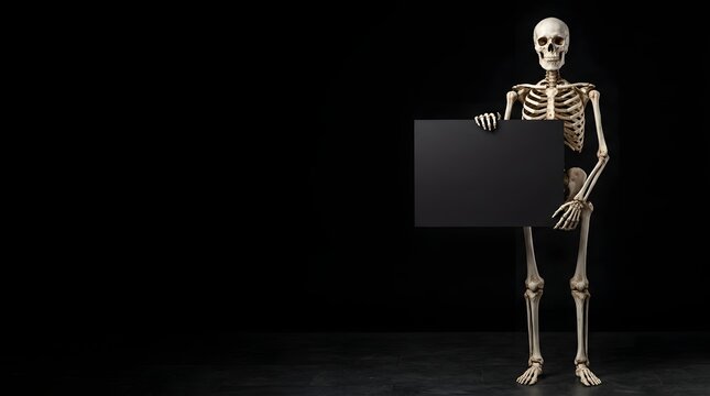Human skeleton holding a blank black sign against a black background