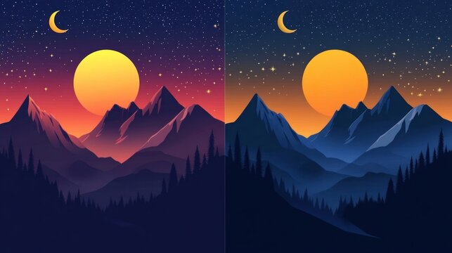 Set of aesthetic day and night landscape of mountains, moon and sun. Wall decor. Minimalist art print template. Modern vector illustration.