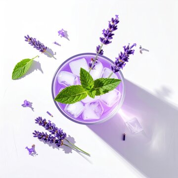 Refreshing lavender drink with ice, mint, and petals on white