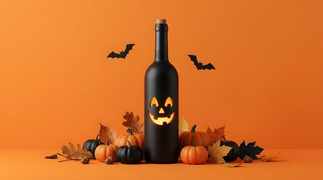 Halloween decoration with black bottle jackolantern and pumpkins