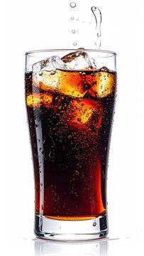 Refreshing dark beverage in a tall glass filled with ice and splashing liquid