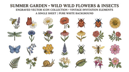 Vintage Floral and Insect Engraving Icons on White © jono