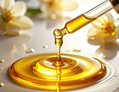 Golden liquid drips from dropper, creating ripples in smooth surface, floral bokeh