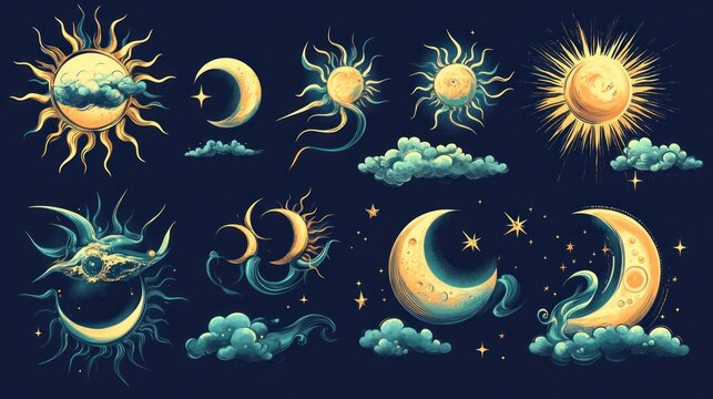 Set of celestial mystic esoteric magic elements sun moon and clouds Different stages of moon, zodiac Signs. Alchemy tattoo object logo template. Vector
