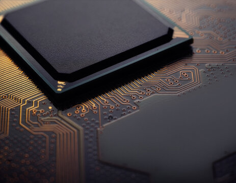 Extreme macro close-up of a computer microchip on a circuit board