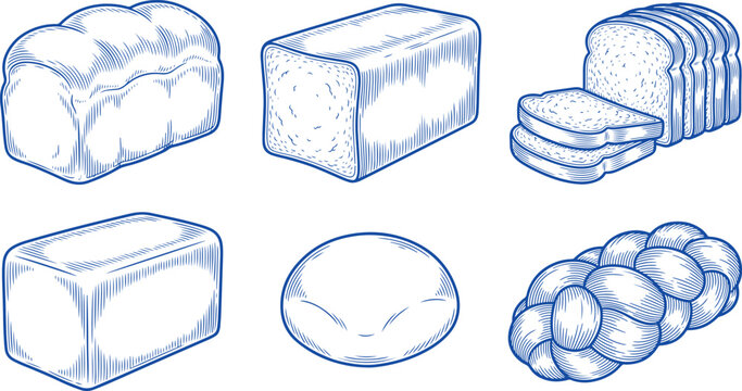 Vintage hand drawn bread loaf icons collection engraving illustration isolated on white background design