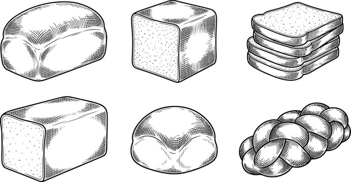 Vintage hand drawn bread loaf icons engraving illustration isolated on white background collection design