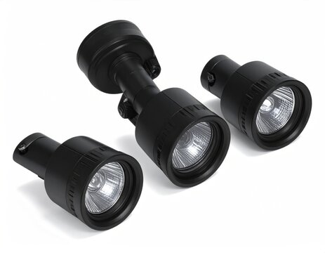 Three matte black adjustable spotlights with textured barrels against white